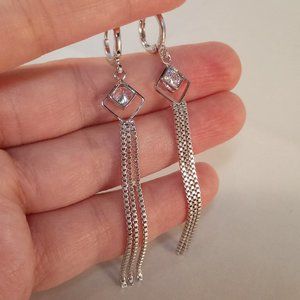 18K White Gold Filled Diamond Zircon Rhombus Tassel Dangle Earrings .46ctw each